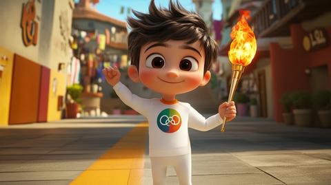 男孩手持奥运火炬全身体像