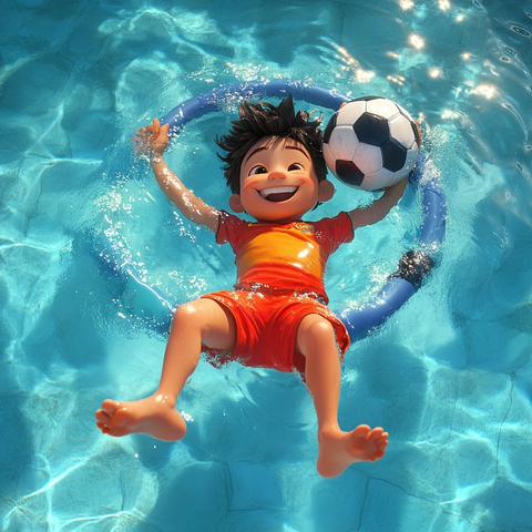 足球少年泳池漂浮