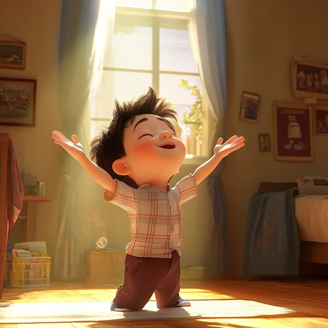 男孩祈祷举手房间内