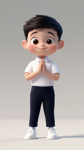 小男孩穿白衬衫做泰式合十礼