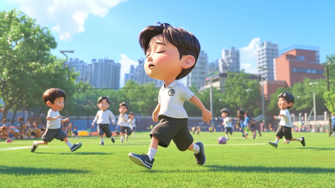 男孩闭眼行走操场草地