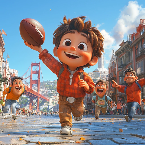 卡通人物扔橄榄球与朋友玩乐