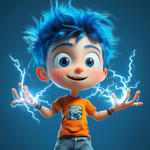 能量手卡通小孩蓝发