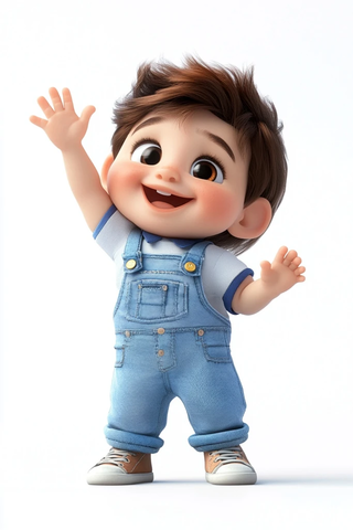 宝宝微笑挥手穿背带裤