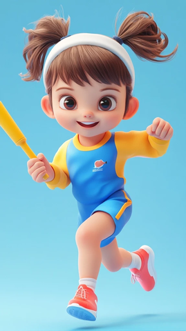 小女孩接力赛跑蓝色黄色运动服