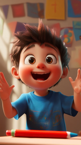 孩子看红蜡笔微笑举手