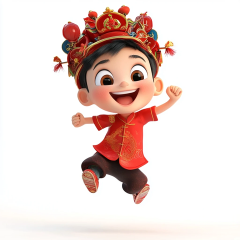 中国男孩新年装扮跳跃笑声