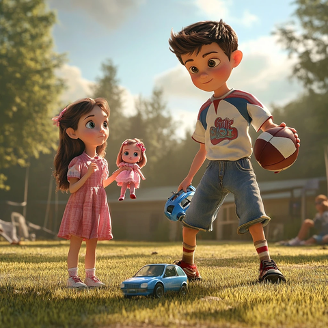 男孩踢球握车女孩玩偶同场