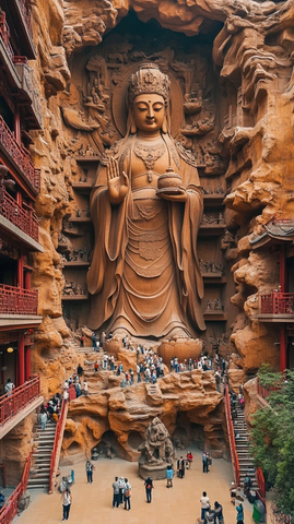 巨型观音像前有许多游客的壮观景象