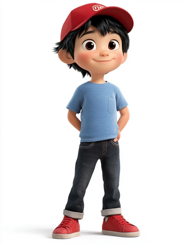 男孩黑发红帽蓝衣黑裤