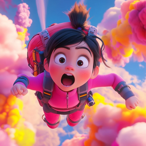 女孩粉色背包飞跃彩云