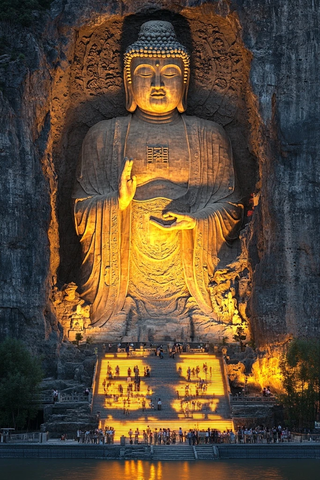 石窟内大佛全景台阶处站满游客