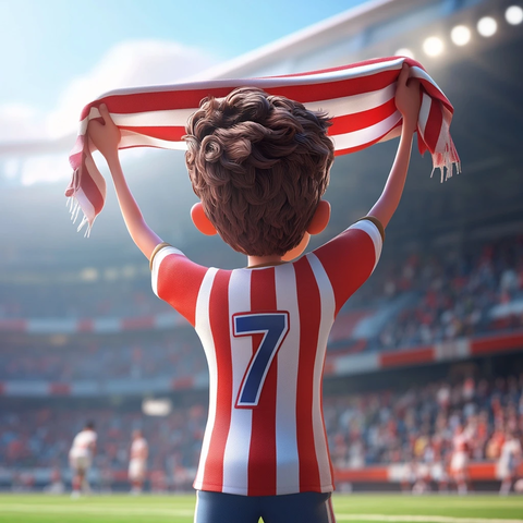 孩子穿球衣举围巾看球场