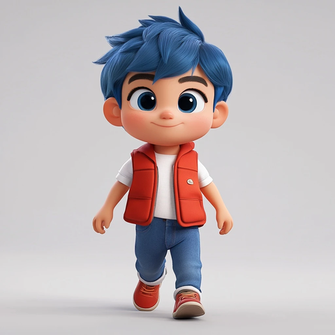 蓝发男孩穿红背心自信行走