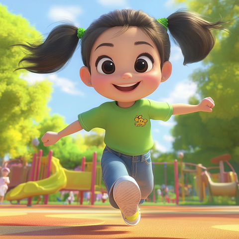 女孩跳跃玩耍绿衣牛仔裤