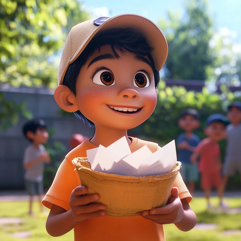 小男孩玩纸片与棒球帽