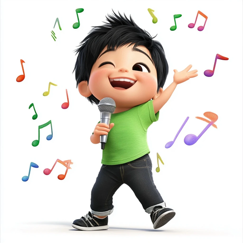 男孩唱歌银色麦克风