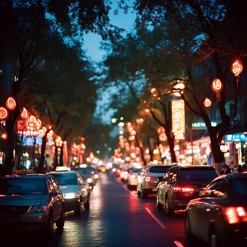 挂满红灯笼的街道夜景及车辆行驶景象