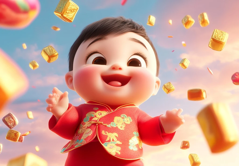 宝宝笑容满面五彩金元宝飞舞