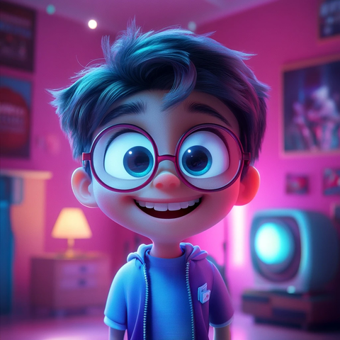 男孩眼镜房间粉色光影