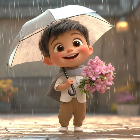 男孩持伞捧花导弹雨中