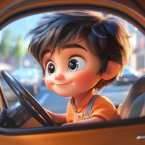 车内小孩驾驶卡通插画