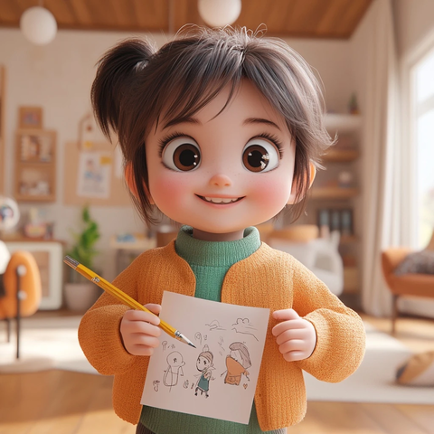 孩子微笑持画笔站客厅