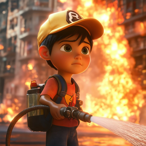 男孩穿超级英雄装用水管灭火