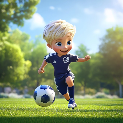 男孩踢足球活力四射