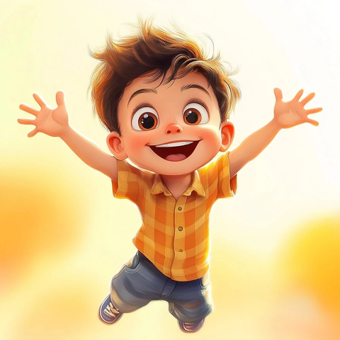 跳跃男孩戴眼镜穿彩色衣服