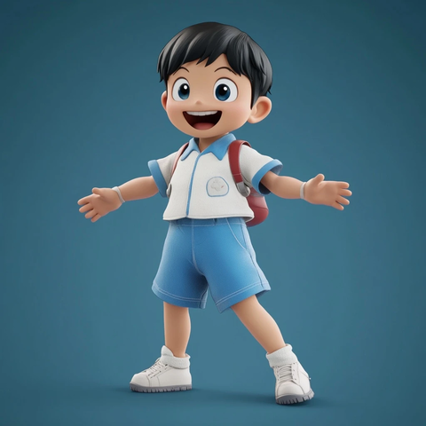 小男孩穿哆啦梦服装微笑