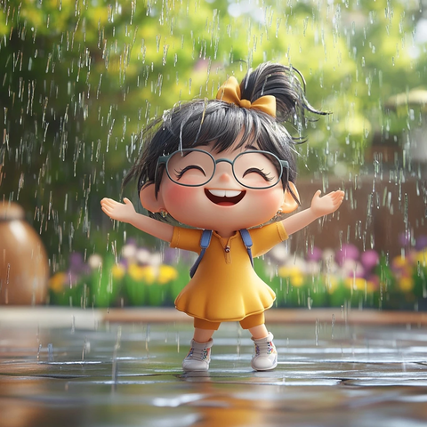 小女孩雨中跳舞