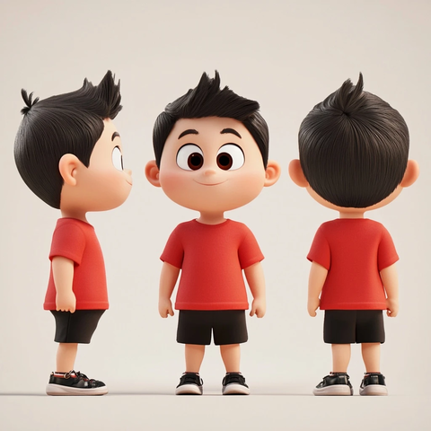 红恤黑短裤男孩三视图