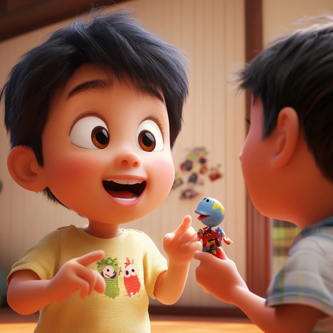 男孩指着玩具说话