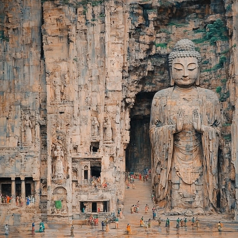 壮观的大型佛像雕刻与周边环境全景