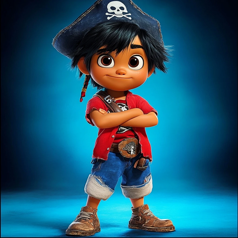 男孩红衣蓝裤配海盗帽