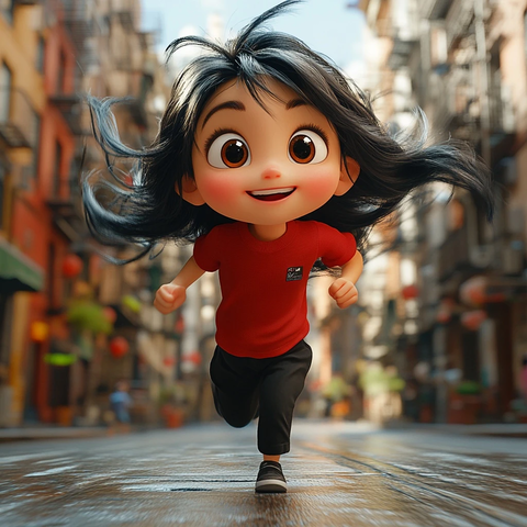 小女孩跑步红色上衣黑色裤