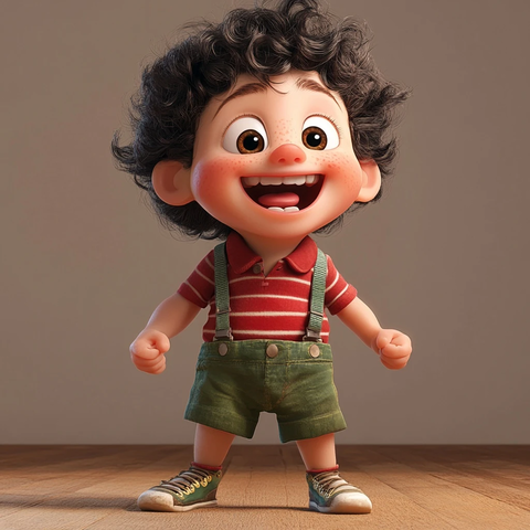 卷发红条纹衬衫绿短裤