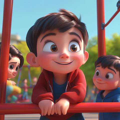 男孩与朋友游乐场玩耍