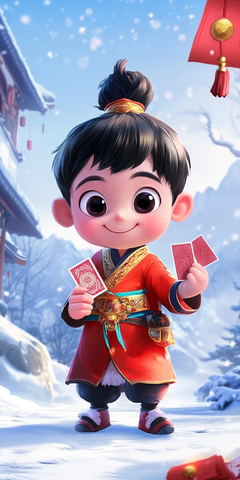 卡通人物手持贺卡与红包