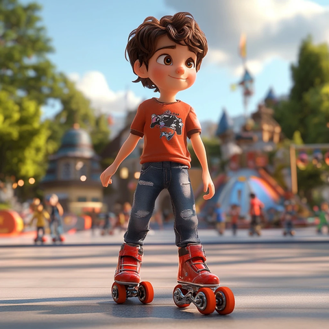 男孩穿红色滚轴溜冰鞋在滑板公园