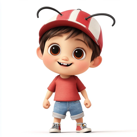 小男孩戴红白条纹帽穿红恤