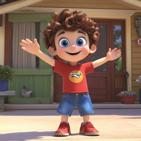 小男孩穿红衣站家前挥手