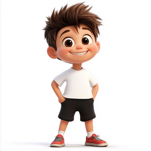 男孩短发白衫黑裤红鞋