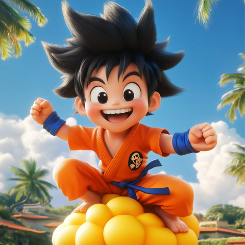 男孩武术服骑云朵热带背景