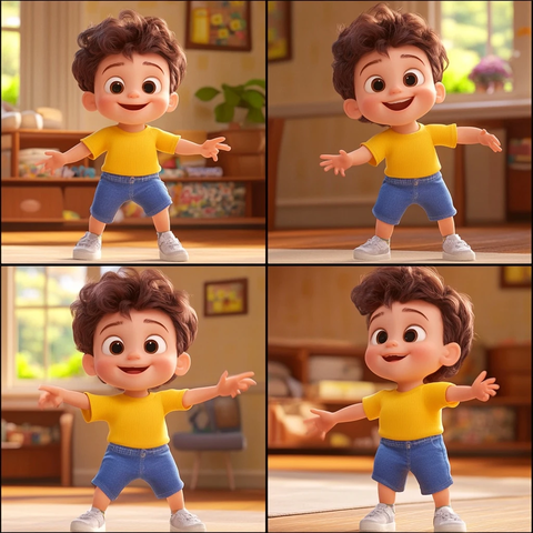 男孩黄衣蓝裤白鞋四格图