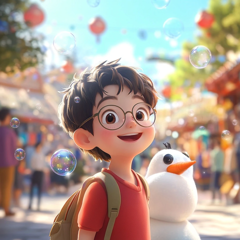 戴眼镜男孩雪天游乐园