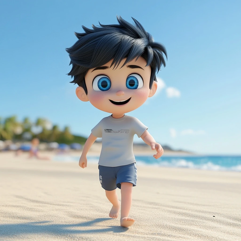 小男孩海边散步