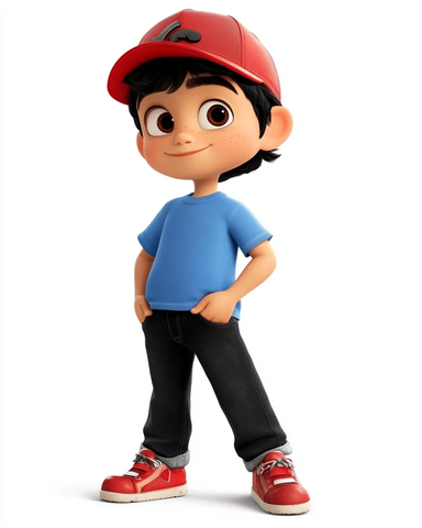 男孩红帽蓝衣黑裤红鞋