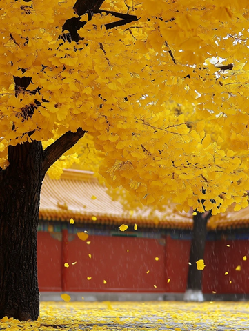 红墙前银杏飘叶的唯美景致